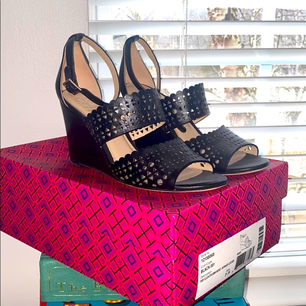 Tory Burch Perforated Gladiator Wedge - Black 7.5